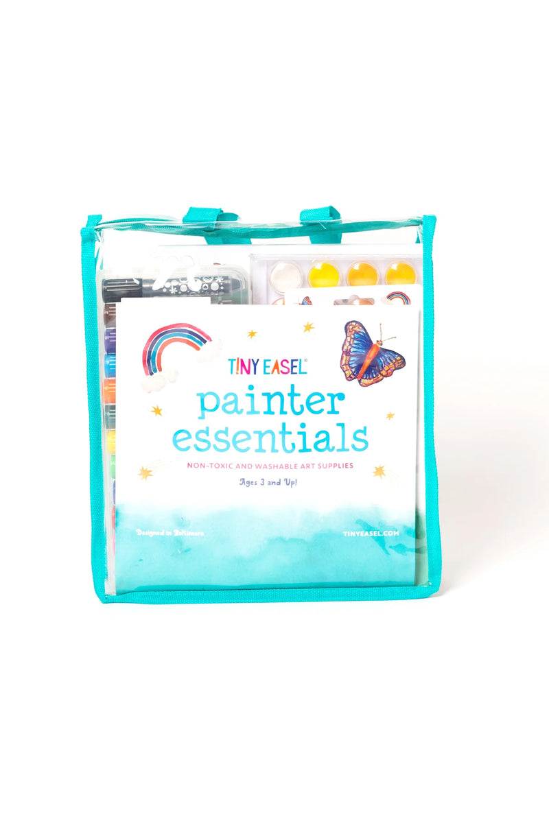 Tiny Easel Painter Essentials art supplies kit in clear turquoise zippered case