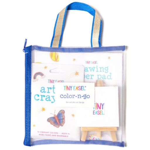 Art supplies set including a tote bag, coloring pad, and crayons on a white background