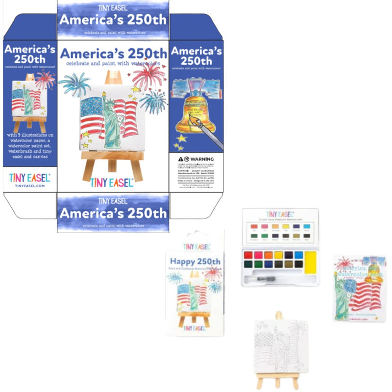 TINY EASEL set with paint, palette, and packaging celebrating America's 250th anniversary on a white background.