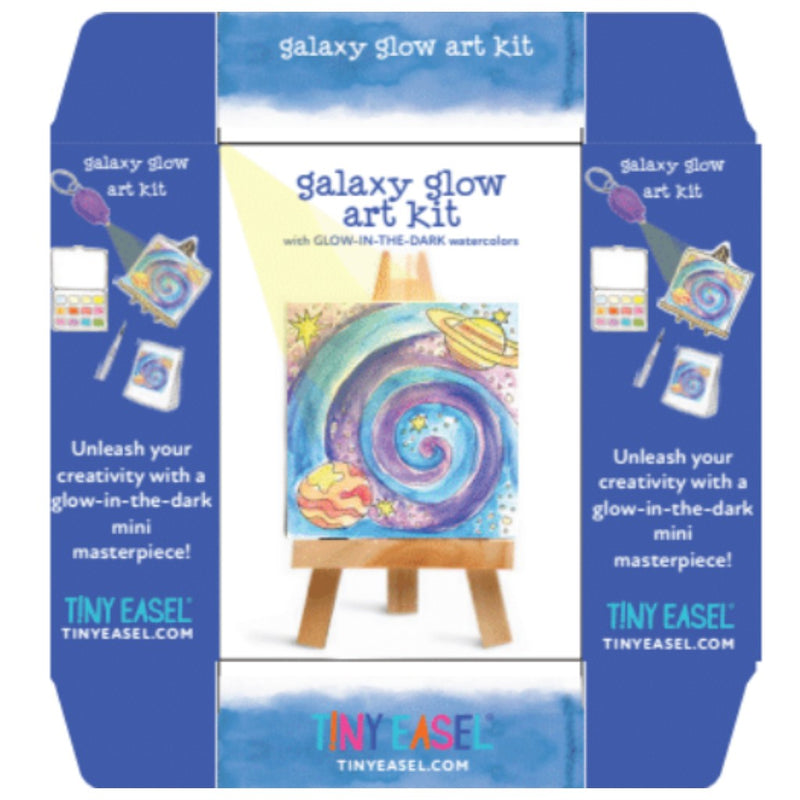 Galaxy glow art kit packaging with a colorful galaxy design in purples and bluson a white background.
