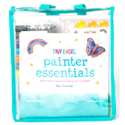 Tiny Easel Painter Essentials art supplies kit in clear turquoise zippered case.