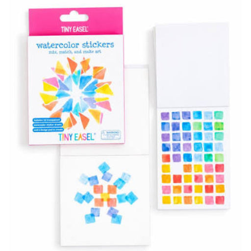 Tiny Easel watercolor stickers shown with the retail package, a white sheet featuring a colorful watercolor star design, and a sheet of square watercolor stickers in many hues on a white background.