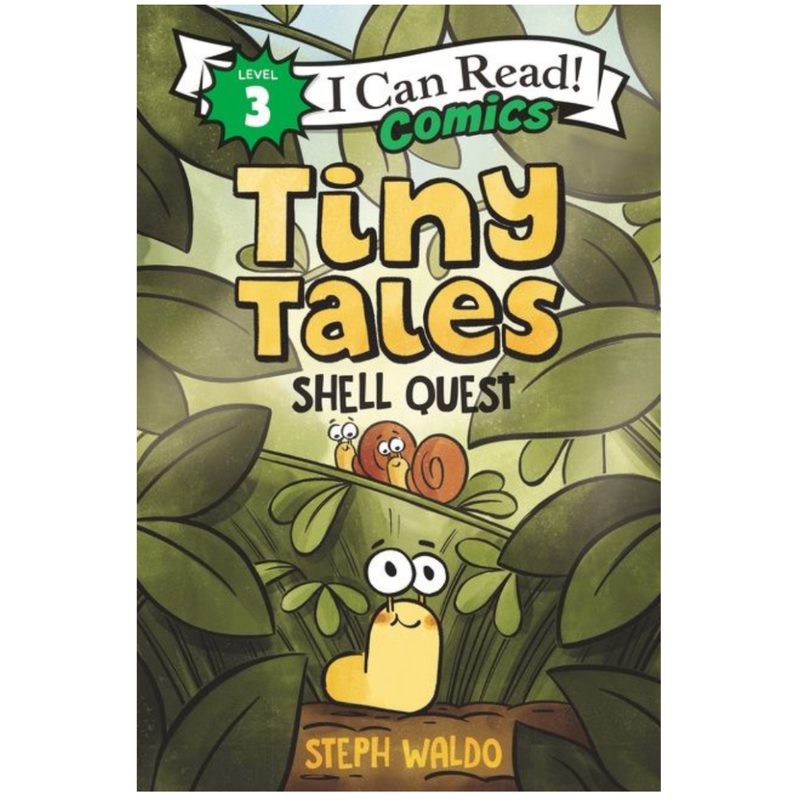 Book cover of 'Tiny Tales: Shell Quest' by Steph Waldo, featuring cartoon snails and green leaves.