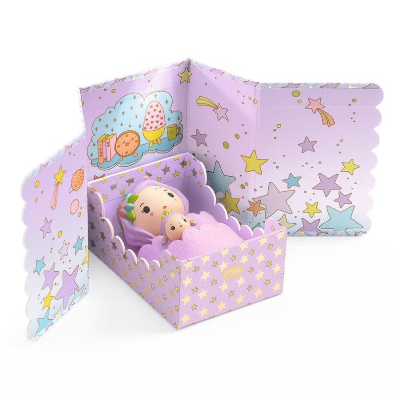 Djeco Tinyly Violet Tinyroom playset with purple star-patterned box and doll figures