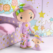 Djeco Tinyly Violet Tinyroom set with purple-haired figure in star pajamas and mini doll