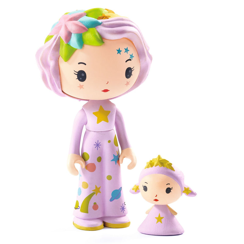 DJECO Tinyly figurines featuring Violet and small companion in purple cosmic-themed outfits