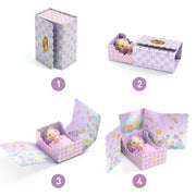 Djeco Tinyly Violet Tinyroom four-step unboxing sequence showing purple star-patterned box with baby doll figure