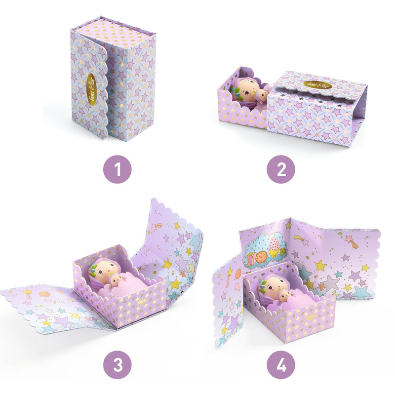 Djeco Tinyly Violet Tinyroom four-step unboxing sequence showing purple star-patterned box with baby doll figure