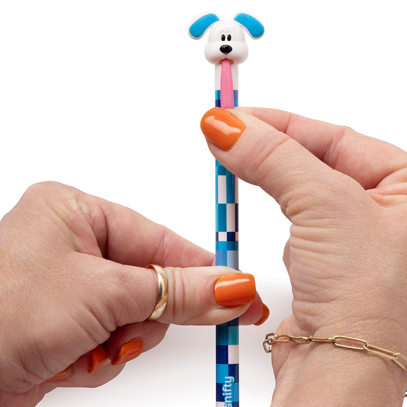 Hands demonstrating Snifty Tongue Tied dog topper pen with blue checkered barrel