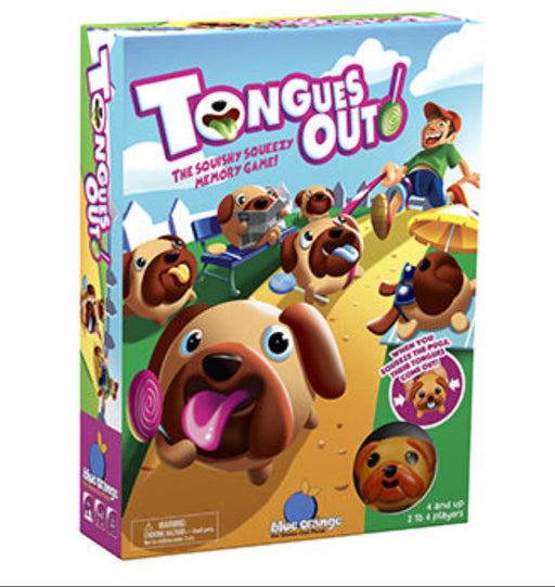 Tongues Out board game box by Blue Orange Games featuring cartoon dogs.
