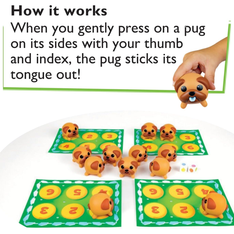 Toy pugs on number mats with text explaining how to use them.