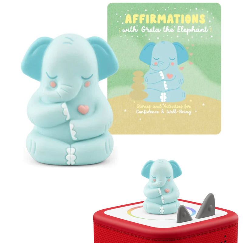 A light blue elephant figurine shown in three views: a large front view, a smaller rear view, and a top-down view sitting on a red Tonie Box. A printed card behind reads 'Affirmations with Greta the Elephant' and includes the same elephant illustration.