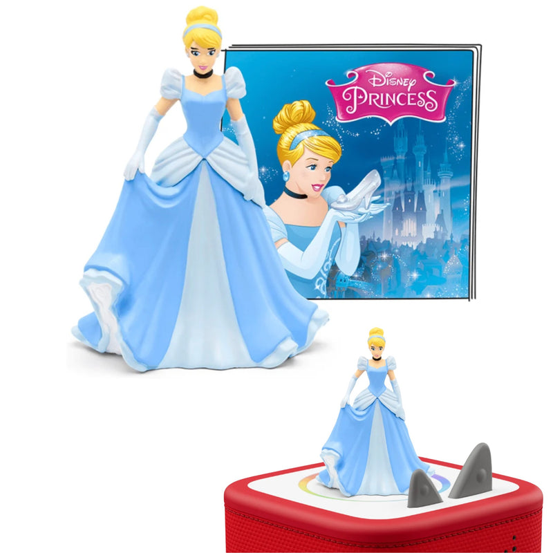 A Cinderella figurine in a light blue gown displayed next to its Disney Princess box, with a smaller view of the figurine mounted on a red Tonie Box.