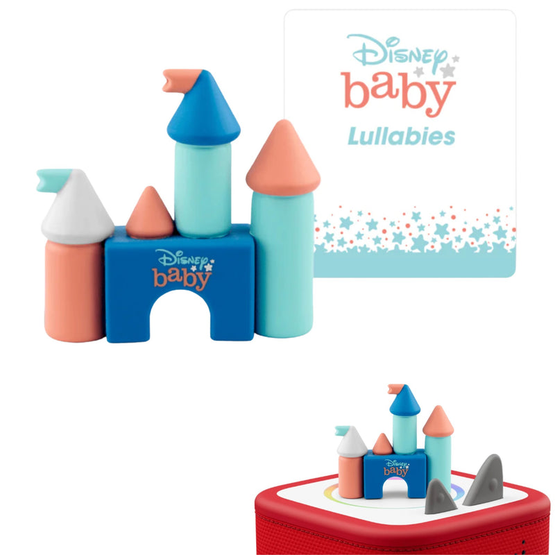 Disney Baby Lullabies castle shaped Tonie with colorful geometric blocks, shown alongside its product packaging card and a red Tonie Box on a white background.