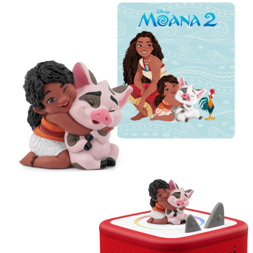 Disney Moana 2 figurine of Moana hugging Piggy, shown alongside its packaging card and a red Tonie Box with the characters on top.