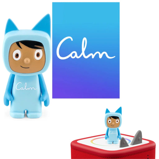 A soothing Tonie by Calm.  Blue figure with Calm printed mid body.  Same Tonie also sitting on top of red Tonie Box in lower right corner.