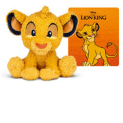 A plush toy of Simba from Disney's The Lion King, shown sitting next to its orange backing card featuring the character and movie title.