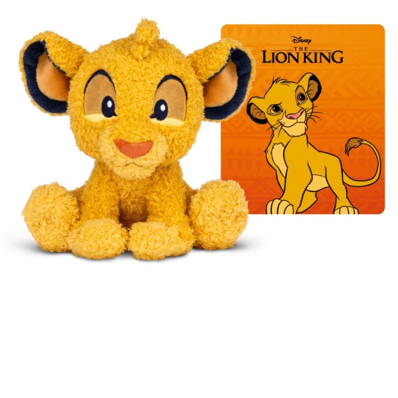 A plush toy of Simba from Disney's The Lion King, shown sitting next to its orange backing card featuring the character and movie title.