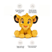 A plush lion cub toy centered on a white background, with four circular feature callouts and short text above and below it. The toy appears to be a soft yellow/golden lion cub with dark navy inner ears, large dark eyes, and a small orange-red nose and mouth area.