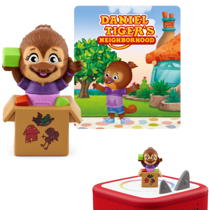 Daniel Tiger Neighborhood Tonie featuring Jody Platypus popping out of a cardboard box with colorful blocks, shown alongside a red sound box and a printed character card on a white background.