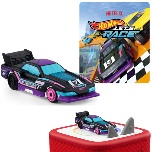 Hot Wheels Tonie audio figure with toy car on red Toniebox speaker