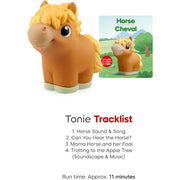Part of the Tonies Farm Set, the Horse Tonie shown on a white background with a small illustrated booklet/card and text listing song titles and run time. 
