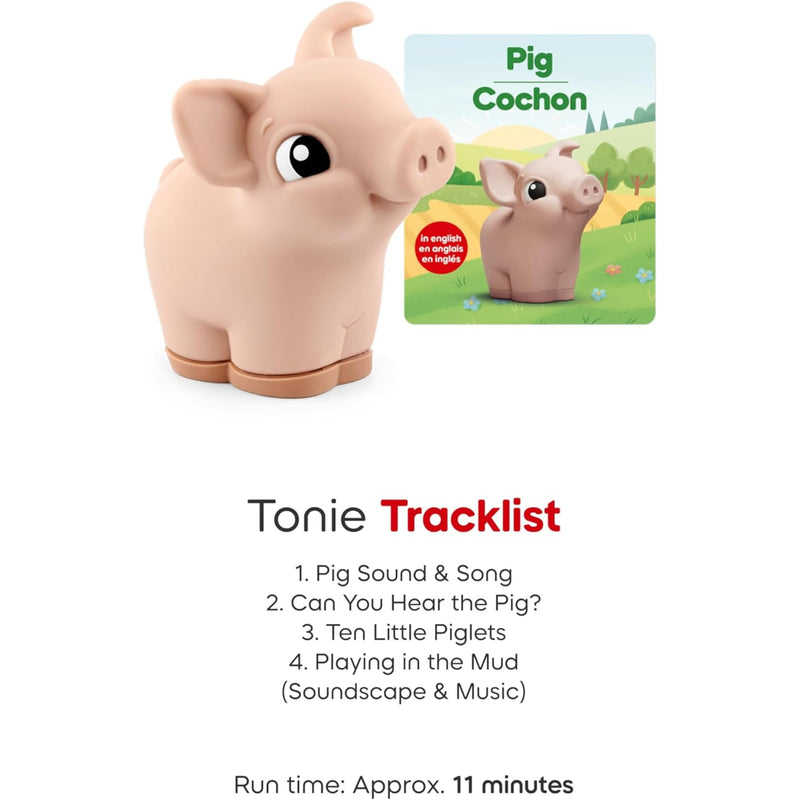 Part of the Tonies Farm Set, the Pig Tonie shown on a white background with a small illustrated booklet/card and text listing song titles and run time. 