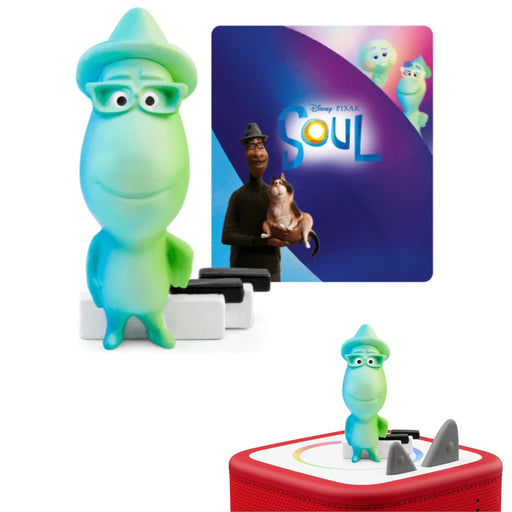 Disney Pixar Soul Tonie featuring a mint green and teal character figurine playing piano keys, shown alongside a movie poster and a red portable speaker with the same character on top.