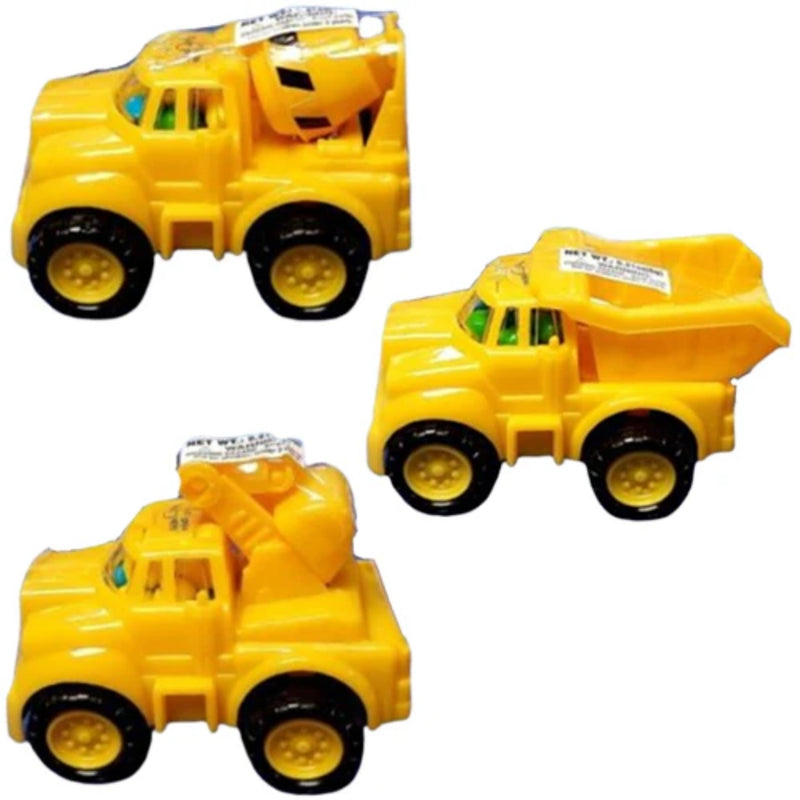 Three small yellow toy construction vehicles on a plain white background: a cement mixer truck, a dump truck, and a bulldozer, each with black wheels and small green window details. Each contains candy.