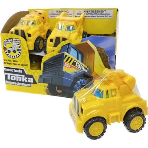 A yellow Tonka classic toy dump truck full of candy shown in front of its retail packaging box on a plain white background.