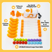 Box contents included in Air Toobz bos -- Fan Unit & Charging Cord, T-Piece & Funnel, 6 Orange Corner Pieces, 6 Clear Tunes & 12 Connectors, and 20 Multi-Colored Foam Balls.on a white background.