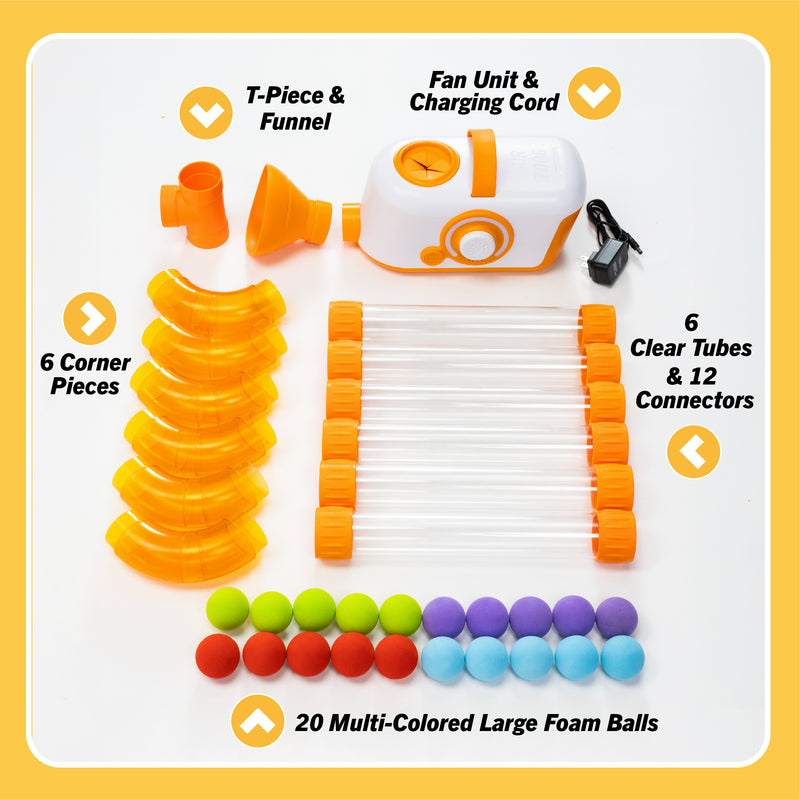 Box contents included in Air Toobz bos -- Fan Unit & Charging Cord, T-Piece & Funnel, 6 Orange Corner Pieces, 6 Clear Tunes & 12 Connectors, and 20 Multi-Colored Foam Balls.on a white background.