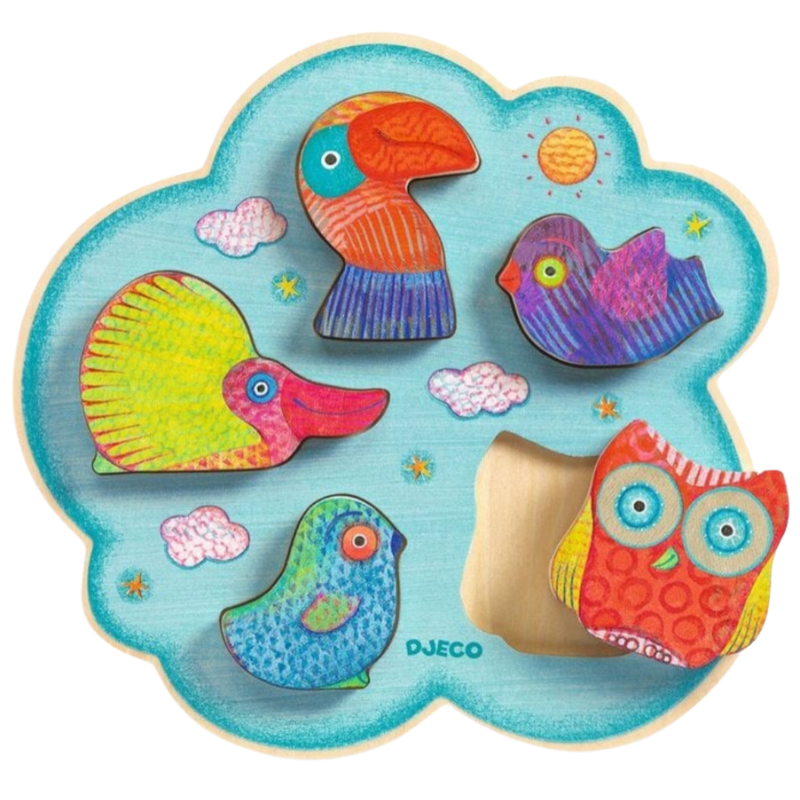Colorful wooden puzzle with animal shapes on a blue background, featuring the brand 'Djeco'.