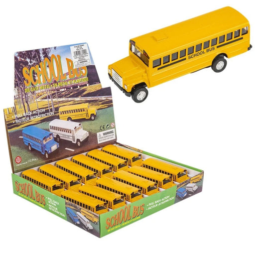 A retail display box filled with yellow school bus toy cars, with one larger school bus shown beside the box on a white background.