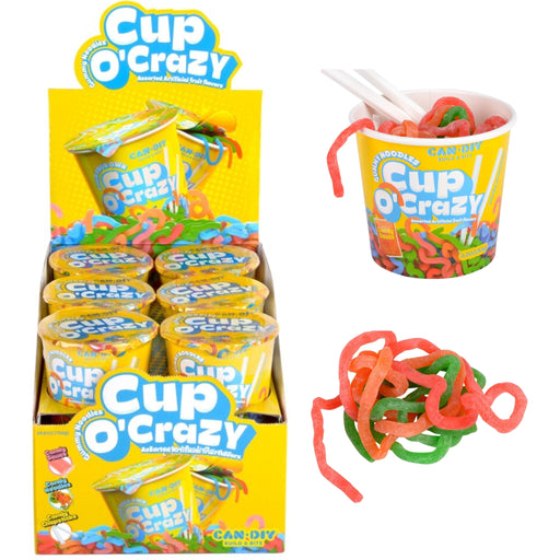 Cup O' Crazy sour candy in a yellow cardboard display box with individual cups and loose candy strands shown on a white background.