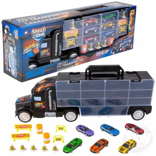 Toy truck with transparent container, miniature cars, and accessories on a white background