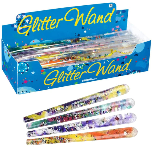 Jumbo spiral glitter wand with colorful swirling glitter for sensory play.