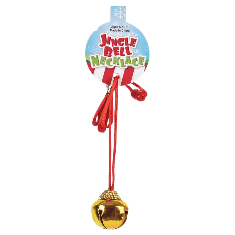 A festive Jingle Bell Necklace on a red string with a bright gold jingle bell at the bottom.  Picture is on a white background.