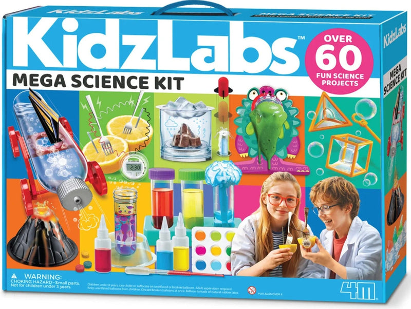 KidzLabs Mega Science Kit box by 411, featuring a colorful design with images of science experiments, colorful liquids in beakers, a green frog, and two children in lab coats. The box is bright blue with a pink circle that reads 'Over 60 Fun Science Projects'.