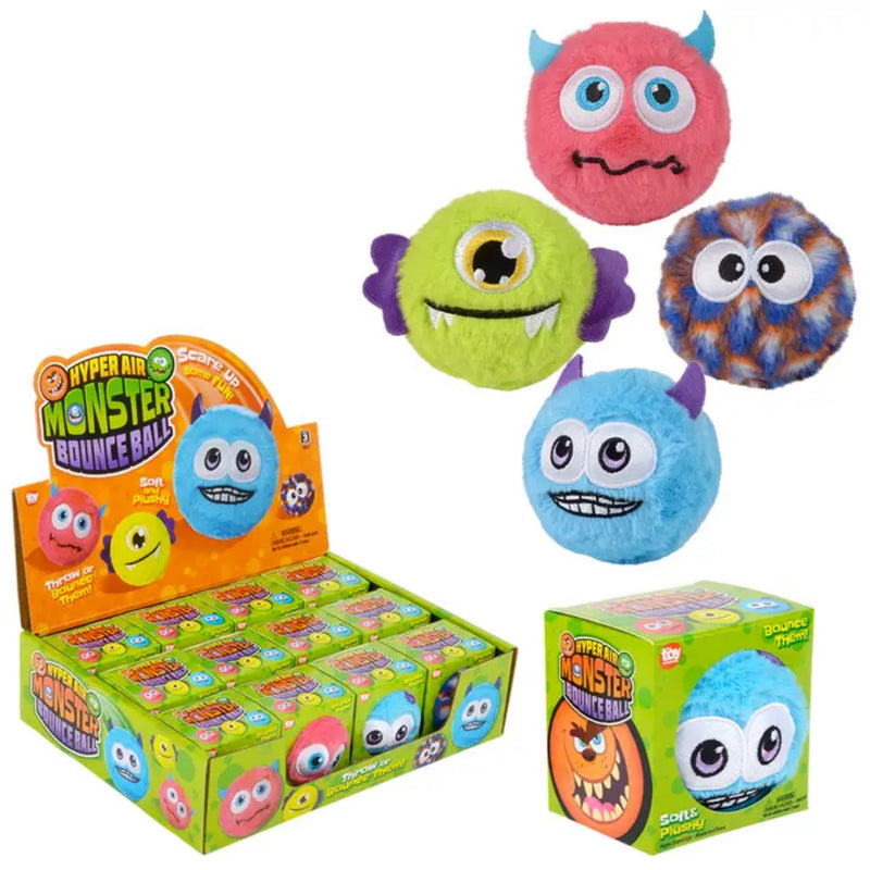 Box of plush monster hyper air bounce balls.  Four different monster balls on page -- one pink with horns, one green with a single eye, one multicolored large eyed and one blue with horns.