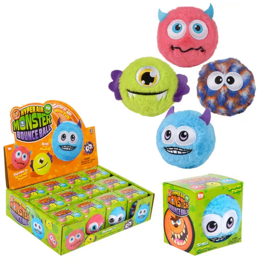 Box of plush monster hyper air bounce balls.  Four different monster balls on page -- one pink with horns, one green with a single eye, one multicolored large eyed and one blue with horns.