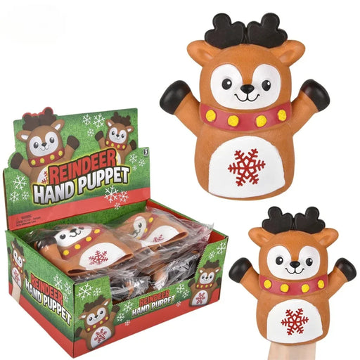 Holiday themed Reindeer hand puppet with packaging on a white background.