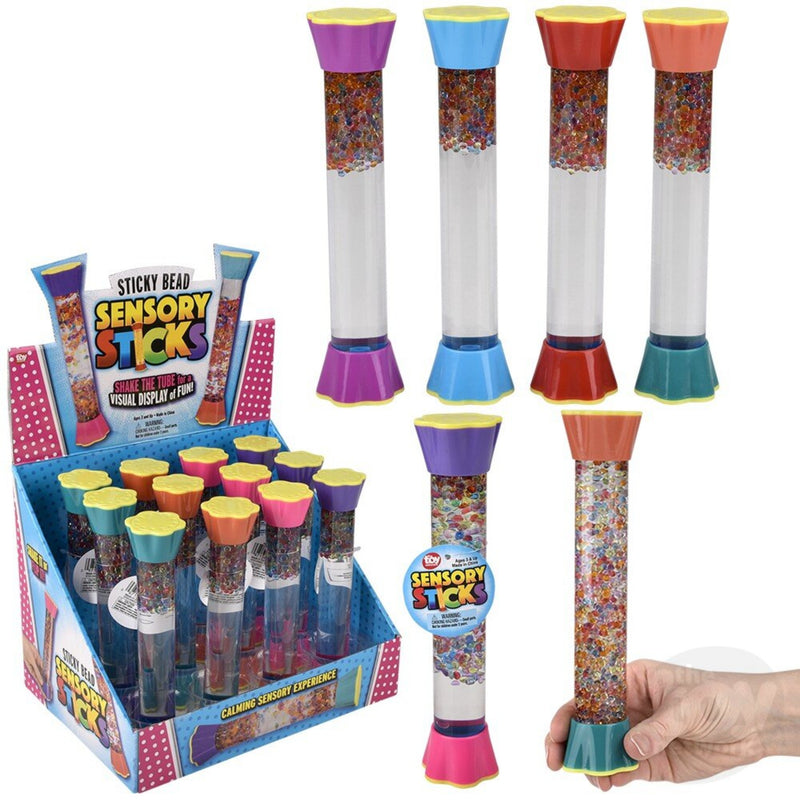Display box of Sticky Bead Sensory Sticks from Toy Network.  They're in multiple colors on a white background.