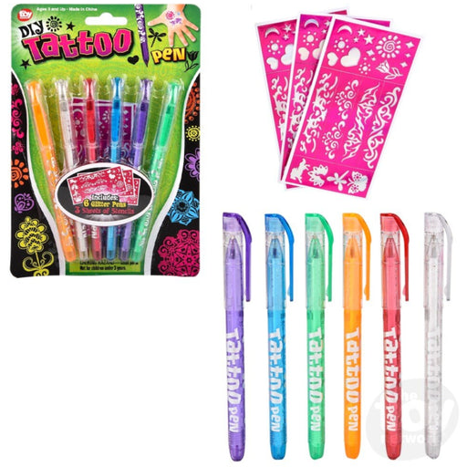 DIY Tattoo Pen set including six colorful gel pens in a blister pack, four pink temporary tattoo sheets, and six individual tattoo pens shown vertically in different colors on a white background.