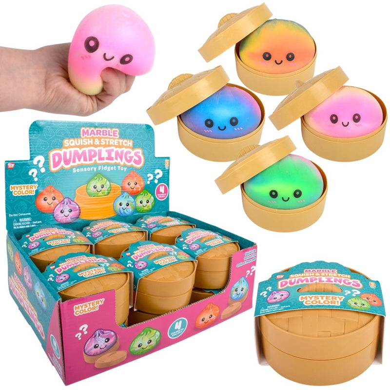 3" squishy dumplings in their own container.  They are a mystery color and only show themselves once opened.