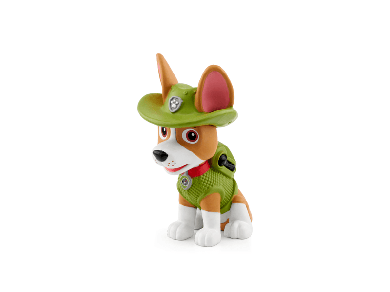 Tonie figure of Paw Patrol Tracker character in green ranger outfit on white background