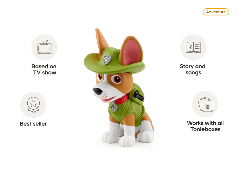 Paw Patrol Tracker Tonie figure in green ranger outfit with feature callouts