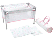 Baby travel playpen with mattress and blanket on a white background.