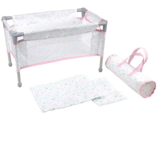 Baby travel playpen with mattress and blanket on a white background.
