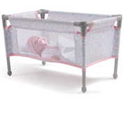 Portable baby crib with a baby inside on a white background.